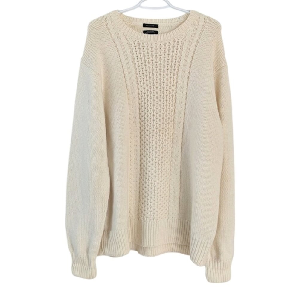 Attitude Merino Wool cable knit crew neck long sweater beige cream white XL
